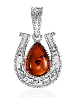 Небольшой кулон с натуральным вишнёвым янтарём Подкова