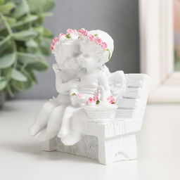 Фигурка 2 ангелочка в розовом веночке на скамейке, 8?7?5 см, МИКС