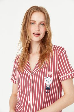Trendyolmilla Pembe Cizgili Hayvan Bask?l? Gomlek-Pantolon Orme Pijama Tak?m? THMSS21PT0878