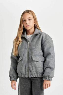 Ветрозащитное пальто с воротником-стойкой на молнии с двойным карманом и эластичной прострочкой для девочек - Defacto фото 4