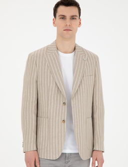 A__k Kahverengi Slim Fit Keten _izgili Ceket