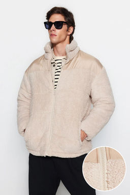 TRENDYOL MAN Bej Oversize Fit Pelus Ici astarl?/dolgulu Kal?n K?sl?k Mont TMNAW24MO00015