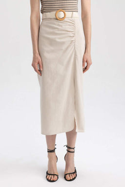 Юбка-миди прямого кроя с нормальной талией и разрезом из смесового льна - Defacto фото 6
