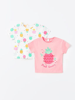 Bask?l? Bisiklet Yaka K?sa Kollu K?z Bebek Ti??rt 2li