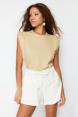 Koyu Bej %100 Pamuk Vatka Gorunumlu Basic Bisiklet Yaka Orme T-Shirt TWOSS20TS0021