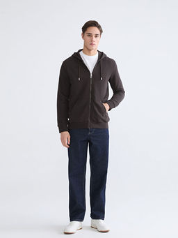 Standart Kal?p Kap??onlu Erkek Fermuarl? Sweatshirt