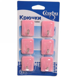 Цена за 10 шт. Крючки в наборе 6шт на липком слое "ИДЕЯДОМА", форма прямоугольник, цвет розовая пудра, нагрузка 1,5кг