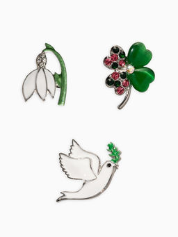 Броши "Голубь, клевер, подснежник" (набор 3шт), цветной в серебре