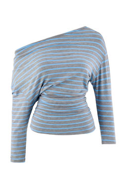Gri Melanj-Mavi _izgili Asimetrik Yaka Beli B_g_l_ _rme T-Shirt TWOAW27TS00054