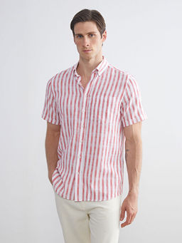 Regular Fit K?sa Kollu ?izgili Poplin Erkek G?mlek