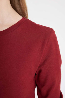 Женская классная однотонная футболка в рубчик с круглым вырезом и длинными рукавами - Defacto фото 5