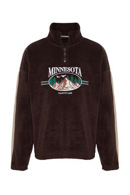 Kahverengi Unisex Oversize/Genis Kesim Dik Yaka Fermuar Anti-pilling Polar Sweatshirt TMNAW24SW00034