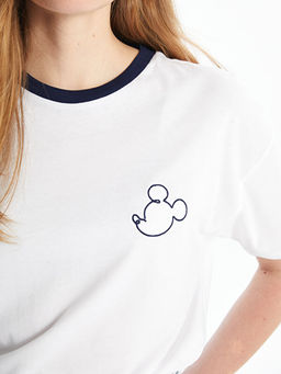 Bisiklet Yaka Mickey Mouse Bask?l? K?sa Kollu Kad?n Ti??rt