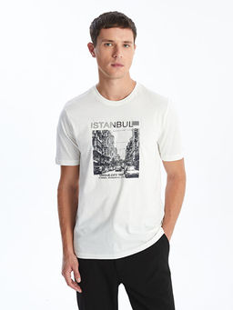 Bisiklet Yaka K?sa Kollu Bask?l? Penye Erkek Ti??rt