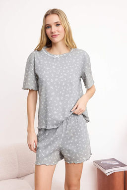 Gri %100 Pamuk Cicekli Dantel Detayl? Orme Pijama Tak?m? THMSS26PT00124