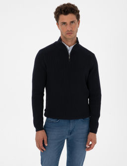 Lacivert Slim Fit Dik Yaka Fermuarl_ Triko Kazak