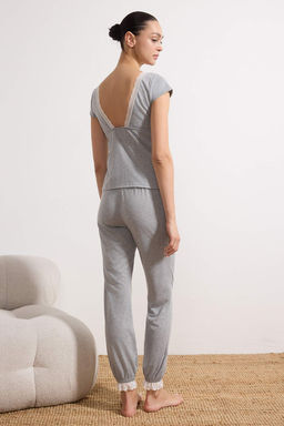 Gri Melanj Pamuklu Dantel ve S?rt Detayl? Orme Pijama Tak?m? THMSS26PT00053 - Trendyolmilla фото 2
