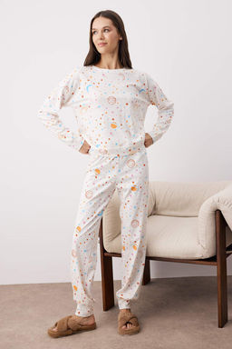 Ekru %100 Pamuklu Galaksi Desenli Orme Pijama Tak?m? THMAW21PT0794