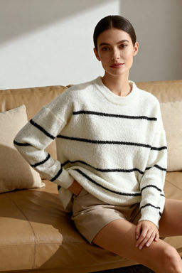 Ekru Cizgili Genis Kal?p Dokulu Triko Kazak TWOAW23KZ01863