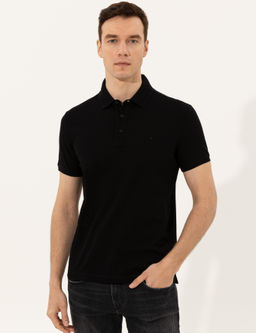 Siyah Polo Yaka Slim Fit Basic Merserize T-shirt