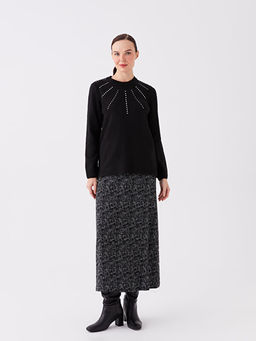 Bisiklet Yaka Bask?l? Uzun Kollu Kad?n Triko Tunik