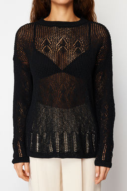 Siyah Pamuk Kar?s?ml? Ajurlu/Delikli Triko Kazak TWOSS24KZ00011 - Trendyolmilla фото 6