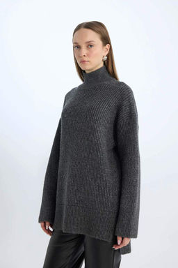 Базовый трикотажный свитер стандартного кроя с воротником-туникой - Defacto фото 8