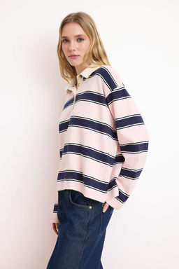 Ekru Cizgili Boxy Dusuk Kol Uzun Kollu Interlok Orme T-Shirt TWOSS26TS00188 - Trendyolmilla фото 5