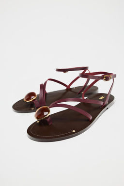 FLAT LEATHER SANDALS WITH STRAPS AND DECORATION - Zara фото 4