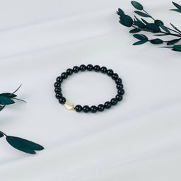 Браслет из черного Турмалина (Шерл) с перламутровой вставкой 17 см