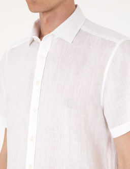 Beyaz %100 Keten Regular Fit K_sa Kollu G_mlek