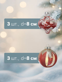 Ёлочные шары новогодние Мелвин, набор 6 шт., d=8 см, прозрачный/красно-белый - Simaland фото 2