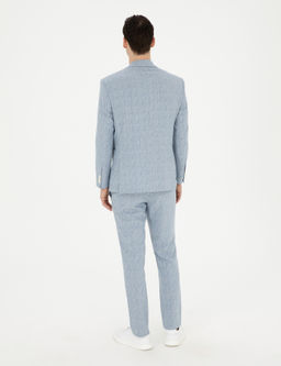 A__k Mavi Slim Fit Keten Kar___ml_ _izgili Tak_m Elbise
