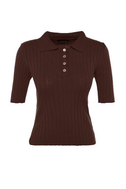 Kahverengi Basic Polo Yaka T-Shirt Gorunumlu Triko Ince Bluz TWOSS20BZ0112