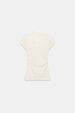 CAMISETA DRAPEADA CON LINO / Crudo
