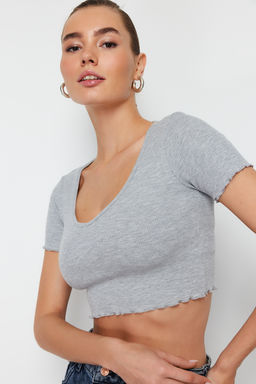 Siyah Havuz Yaka Baby Overlok Detayl? Crop Fitilli Esnek Orme Bluz TWOSS24BZ00197 - Trendyolmilla фото 11