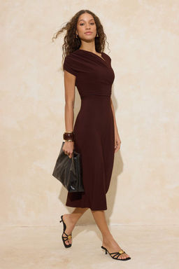 Kahverengi A-Kesim/Can Form Dusuk Kol K?sa Kollu Buzgulu Midi Esnek Orme Elbise TWOSS26EL00045 - Trendyolmilla фото 4