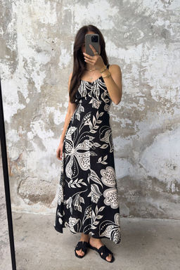 Siyah Cicekli Etegi Belden Ac?lan Gipeli Midi Dokuma Elbise TWOSS25EL00036