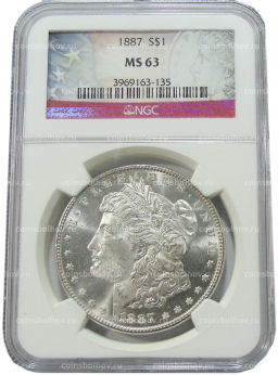 1 доллар 1887 года США Доллар Моргана (в слабе NGC MS 63)