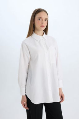 Relax Fit Poplin Basic Duz Beyaz Uzun Kollu Gomlek Tunik