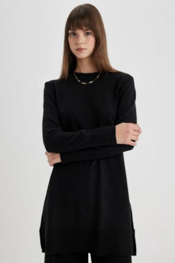 Regular Fit Bisiklet Yaka Y?rtmacl? Basic Duz Triko Kazak Tunik
