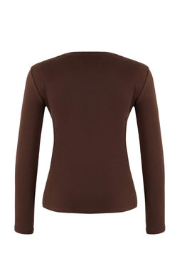 Kahverengi Fitilli Esnek Uzun Kollu Bisiklet Yaka Orme Bluz TWOAW26BZ00313