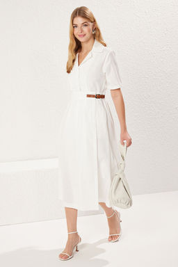 Trendyolmilla Lacivert A- Kesim Pili Ve Kemer Detayl? Poplin Astarl? Midi Dokuma Elbise TWOSS25EL00060