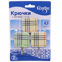 Цена за 6 шт. Крючки в наборе 3шт на липком слое "ИДЕЯДОМА", форма квадрат, принт клеточка, нагрузка 2кг