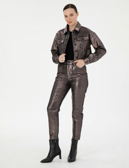 Parlak Antrasit Mom High Waist Fit Jean Pantolon