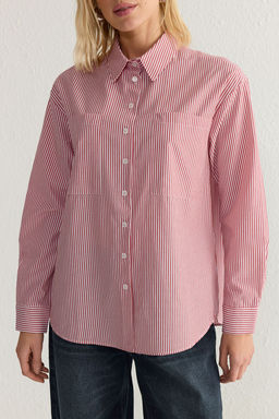 K?rm?z? Cizgili Oversize Genis Kal?p Dokuma Gomlek TWOAW23GO00359