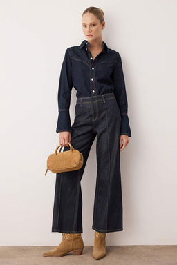 Koyu Mavi Yuksek Bel Culotte Fit Jeans TWOAW26JE00170 - Trendyolmilla фото 2