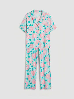 G?mlek Yaka ?i?ekli Kad?n Pijama Tak?m?