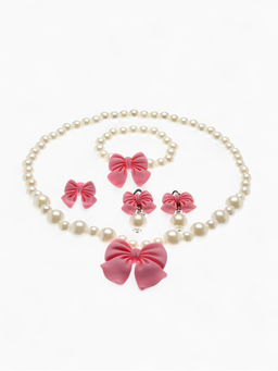 Набор детских украшений Выбражулька Бант, 4 предмета: кулон, браслет d=6 см кольцо, клипсы, бело-розовый  фото 4