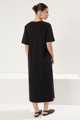 TRENDYOLMILLA Koyu Kahverengi %100 Pamuklu Bisiklet Yaka K?sa Kol Midi Orme T-shirt Elbise TWOSS25EL00465  фото 5